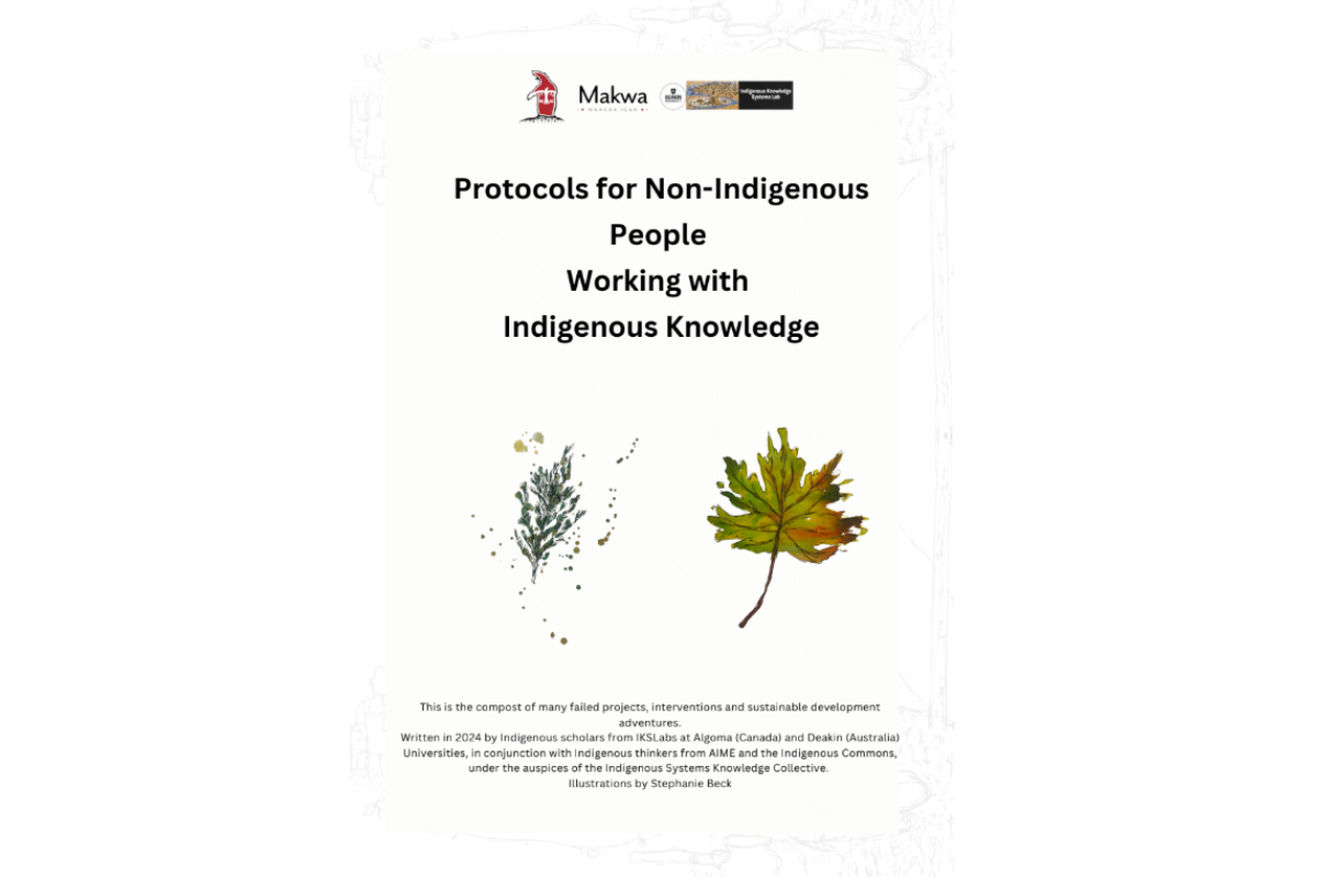 Cover of “Protocols for Non-Indigenous People Working with Indigenous Knowledge” with leaf illustrations.